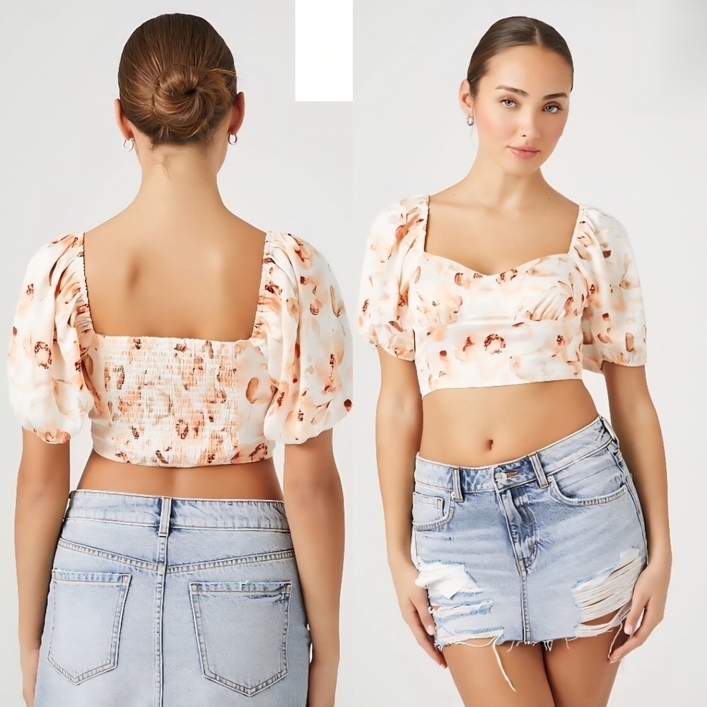 Forever 21 Womens Floral Puff Sleeve Crop Top Puff Sleeve Cream/ Multi SIze M.